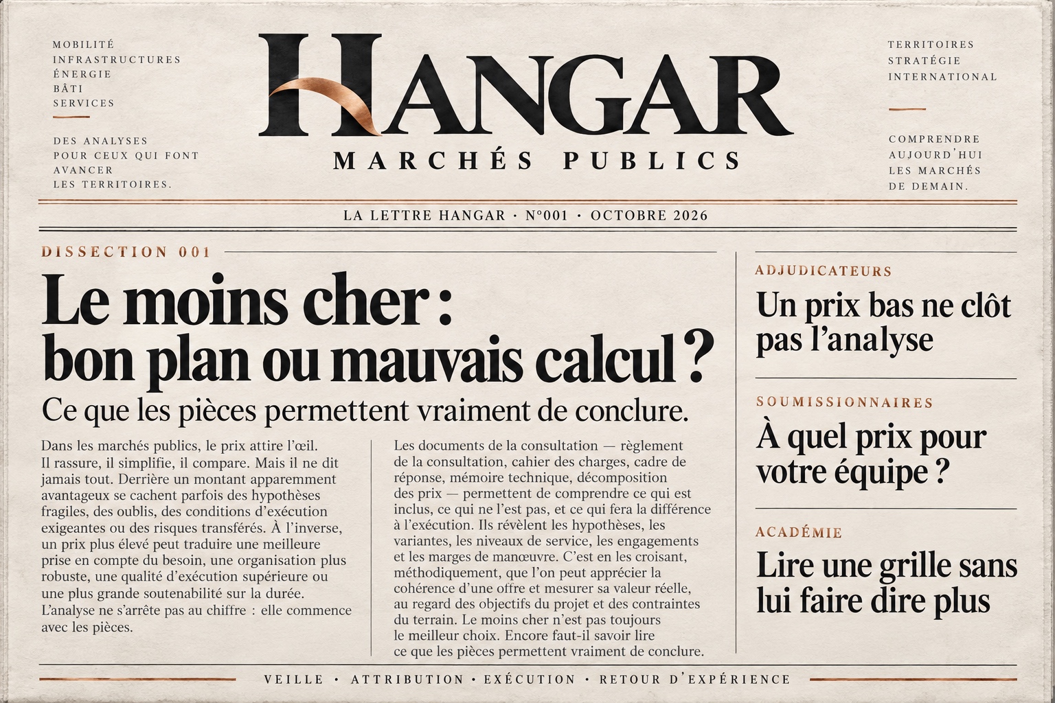 Une du journal HANGAR, numéro 001 : Le moins cher, bon plan ou mauvais calcul ? Trois lectures pour les adjudicateurs, les soumissionnaires et l’Académie.